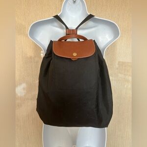 AUTHENTIC LONGCHAMP LE PLIAGE "SAC A DOS" Backpack Black Nylon Brown Leather
